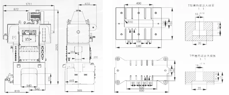 Dimensions of MDH-30T 4 Post Guide and 2 Plunger Guide Gantry Type Precision Press