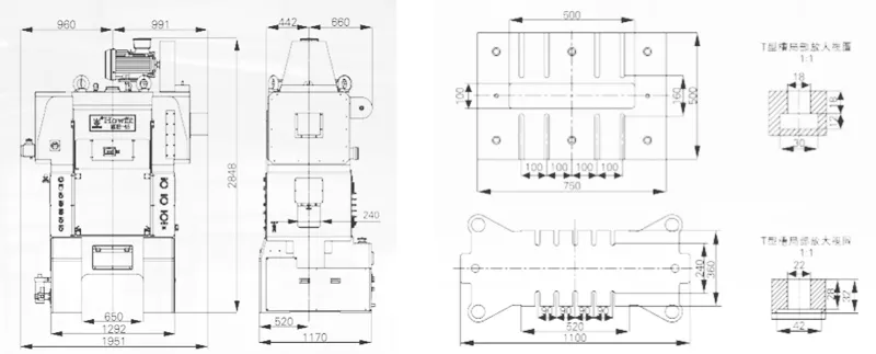 Dimensions of MDH-45T 4 Post Guide and 2 Plunger Guide Gantry Type Precision Press