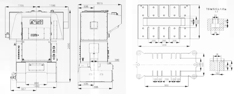 Dimensions of MDH-65T 4 Post Guide and 2 Plunger Guide Gantry Type Precision Press